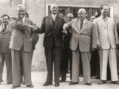 Николай Булганин, Конрад Аденауэр и Никита Хрущев, Москва, 9.09.1955. Фото: историк.рф
